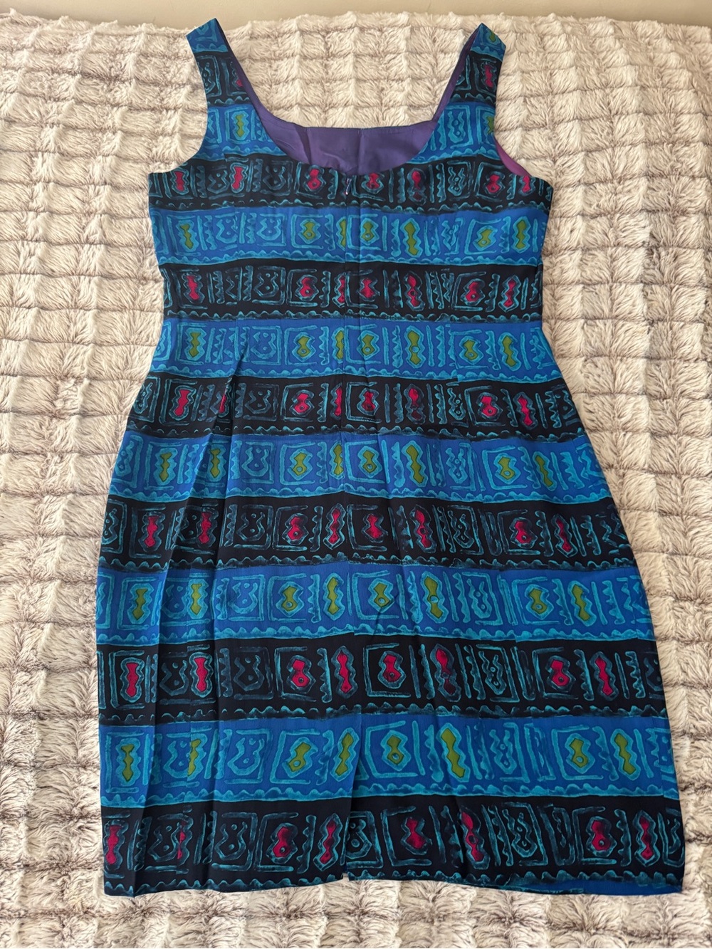 Gillian Blue Patterned Silk Sleeveless A-Line Dress